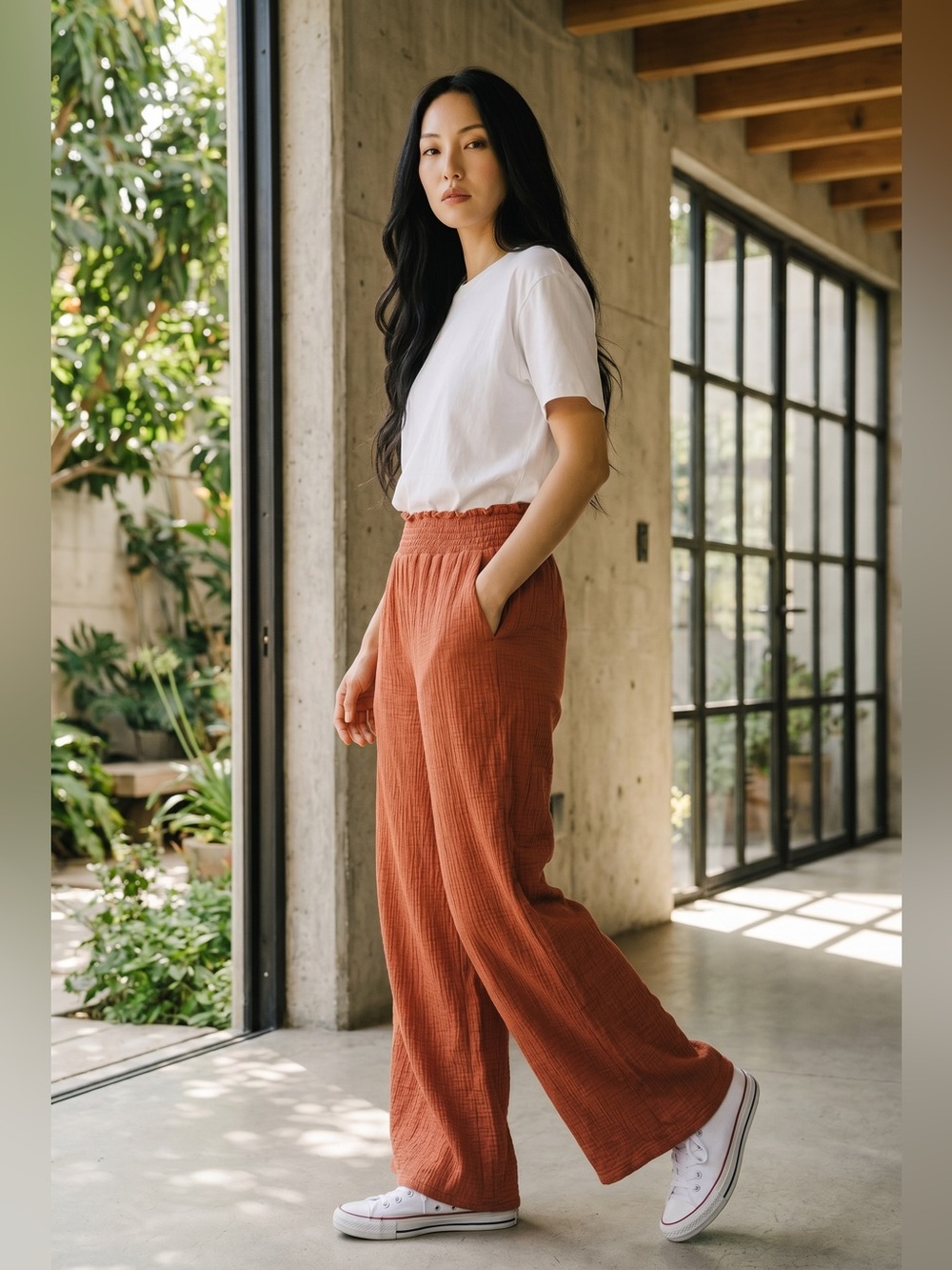 Ces Femme Rust Orange Smocked Textured Pants